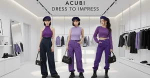 Women wearing Acubi Dress to Impress outfits in a modern fashion store