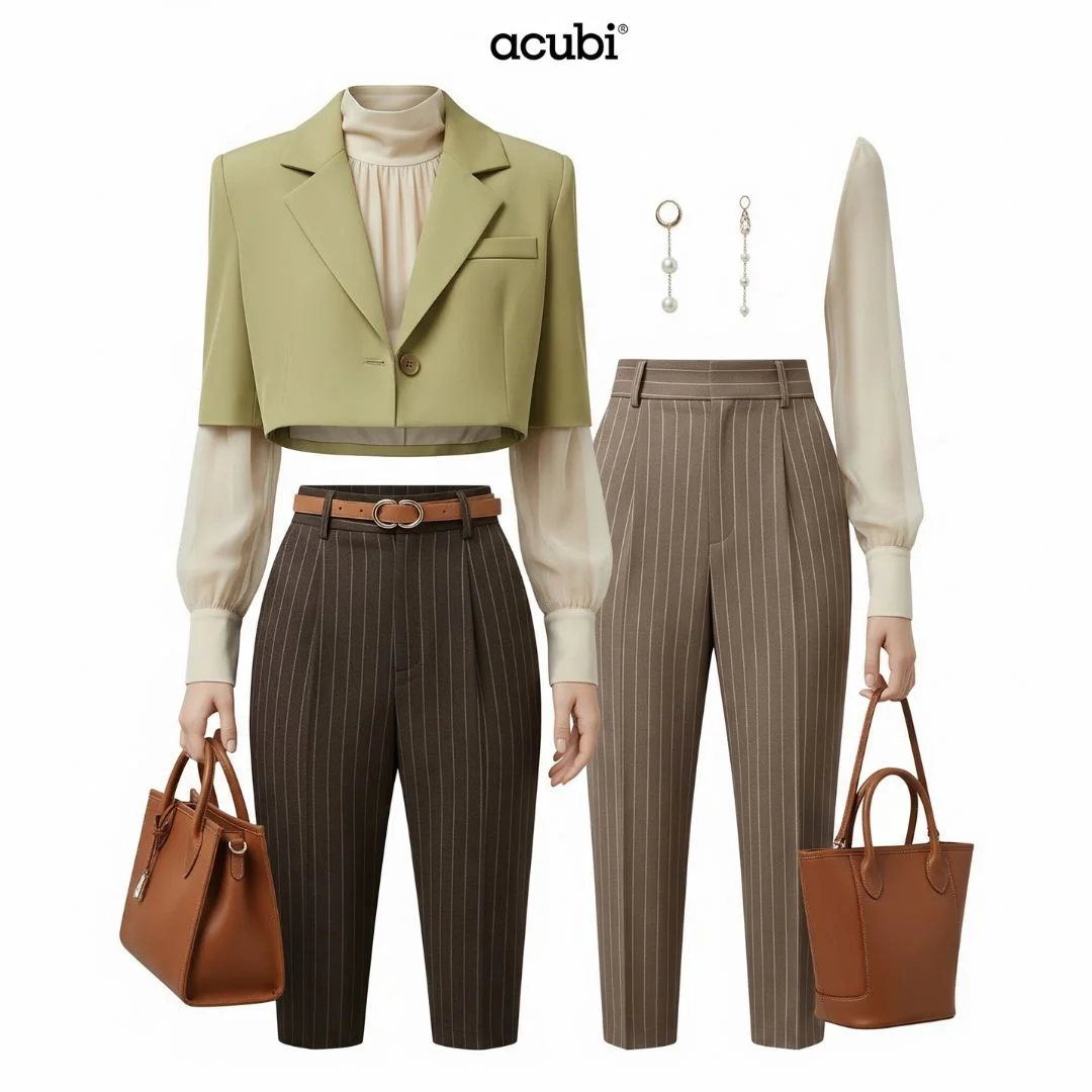  Officecore Acubi outfit with cropped olive blazer, pinstriped pants, and sheer-sleeve blouse
