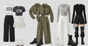 Flat-lay of acubi outfits with graphic tees, cargo pants, pleated skirts, mesh layers, and platform shoes in neutral Korean street style