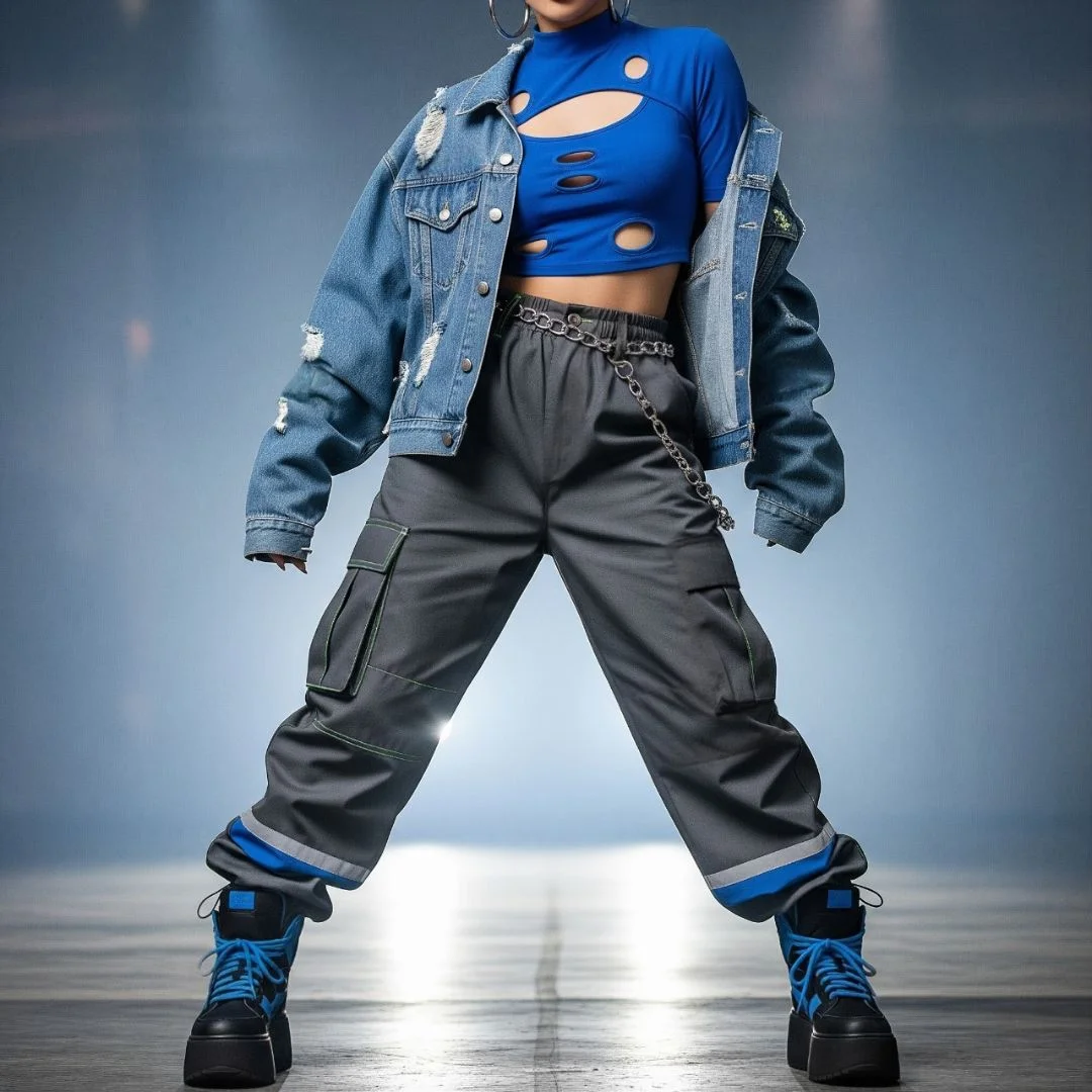 cropped top, patched denim, cargo pants.