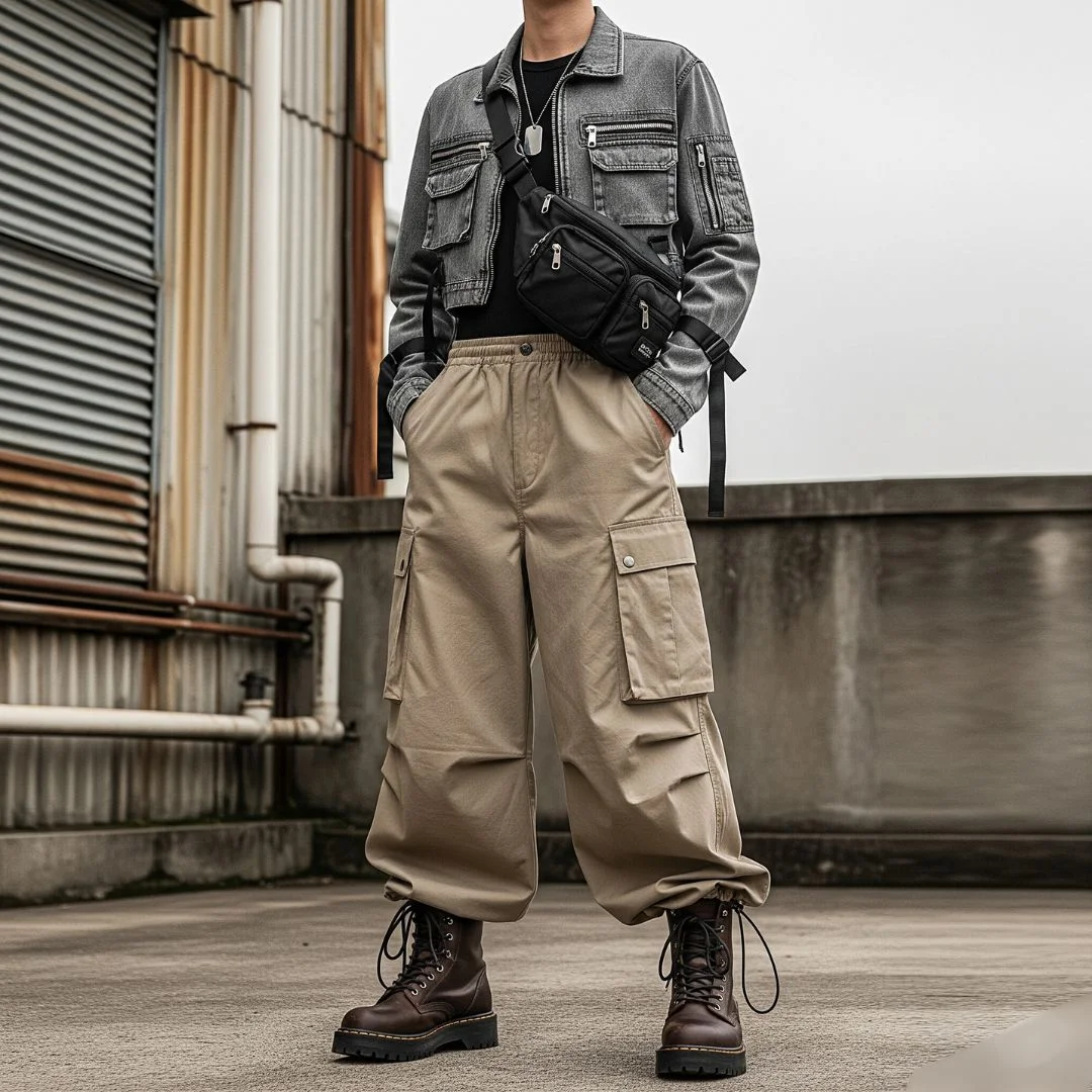 Acubi outfit: utility jacket, parachute pants, industrial backdrop.