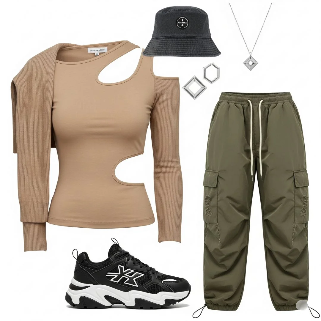 asymmetrical off‑shoulder tank top with low‑rise parachute pants