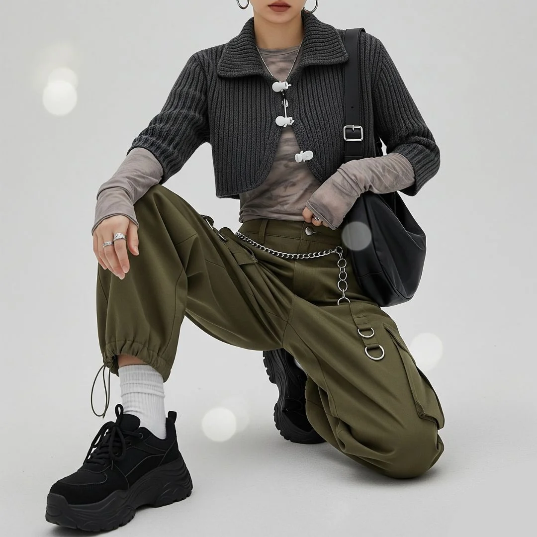 cropped bolero jacket over sheer mesh top paired with wide-leg cargo pants