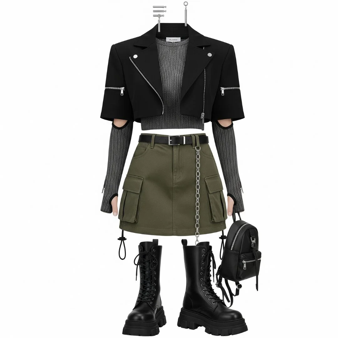 black bolero with graphite ribbed top and olive cargo mini skirt