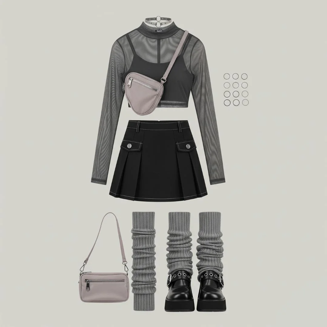 charcoal mesh mock-neck over tank, black pleated mini, and gray leg warmers
