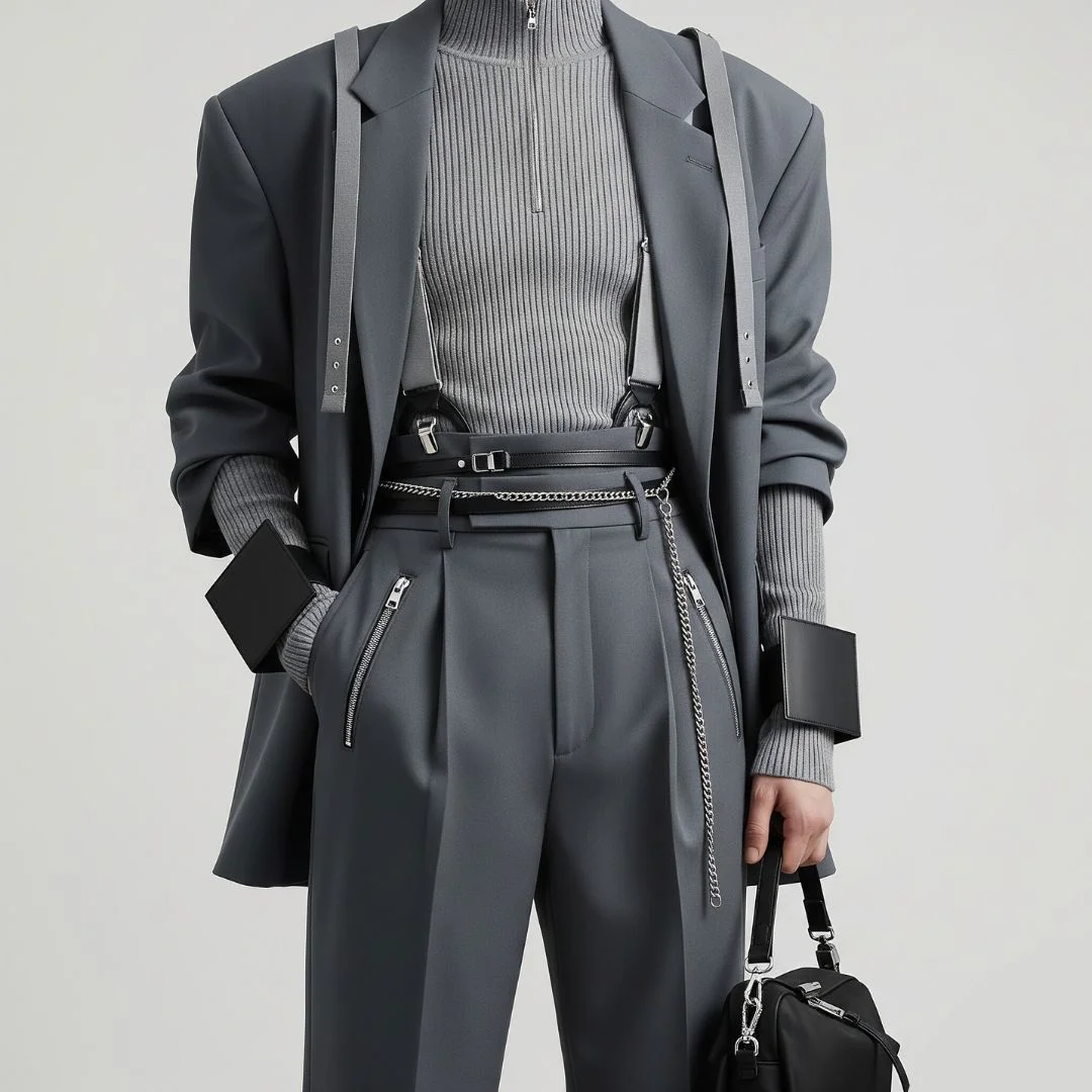 Gray asymmetrical blazer with pleated trousers and layered belts