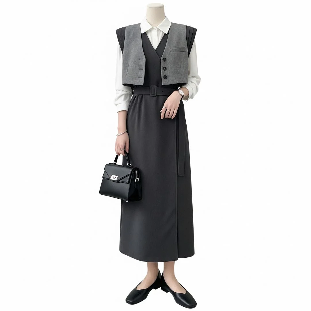 Monotone Acubi workwear outfit with wrap dress, layered waistcoat, and minimalist office details