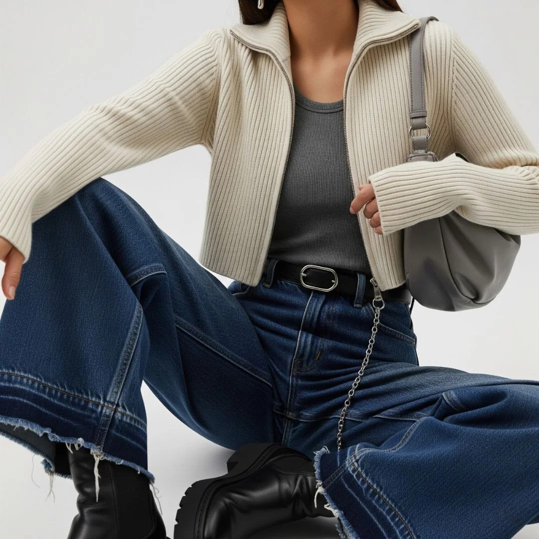 ribbed cropped cardigan layered over tank with wide‑leg denim jeans