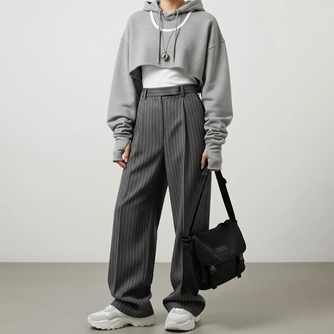 cropped gray hoodie with white tank and charcoal pinstripe wide-leg trousers
