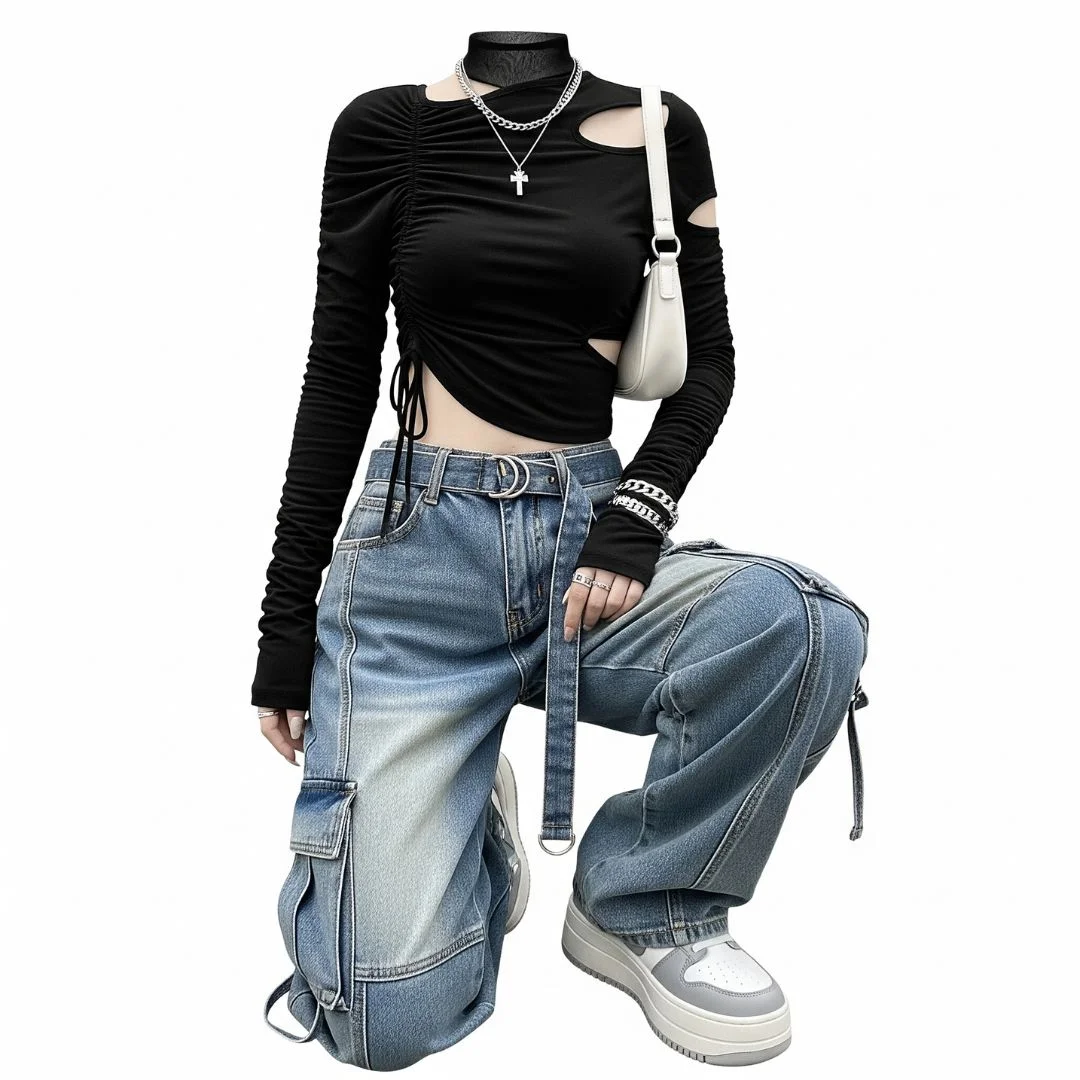 black ruched asymmetrical top with mesh and baggy washed skater jeans