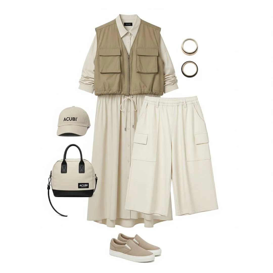 Subversive Acubi outfit with utility vest, drawstring shirt-dress, and wide culottes
