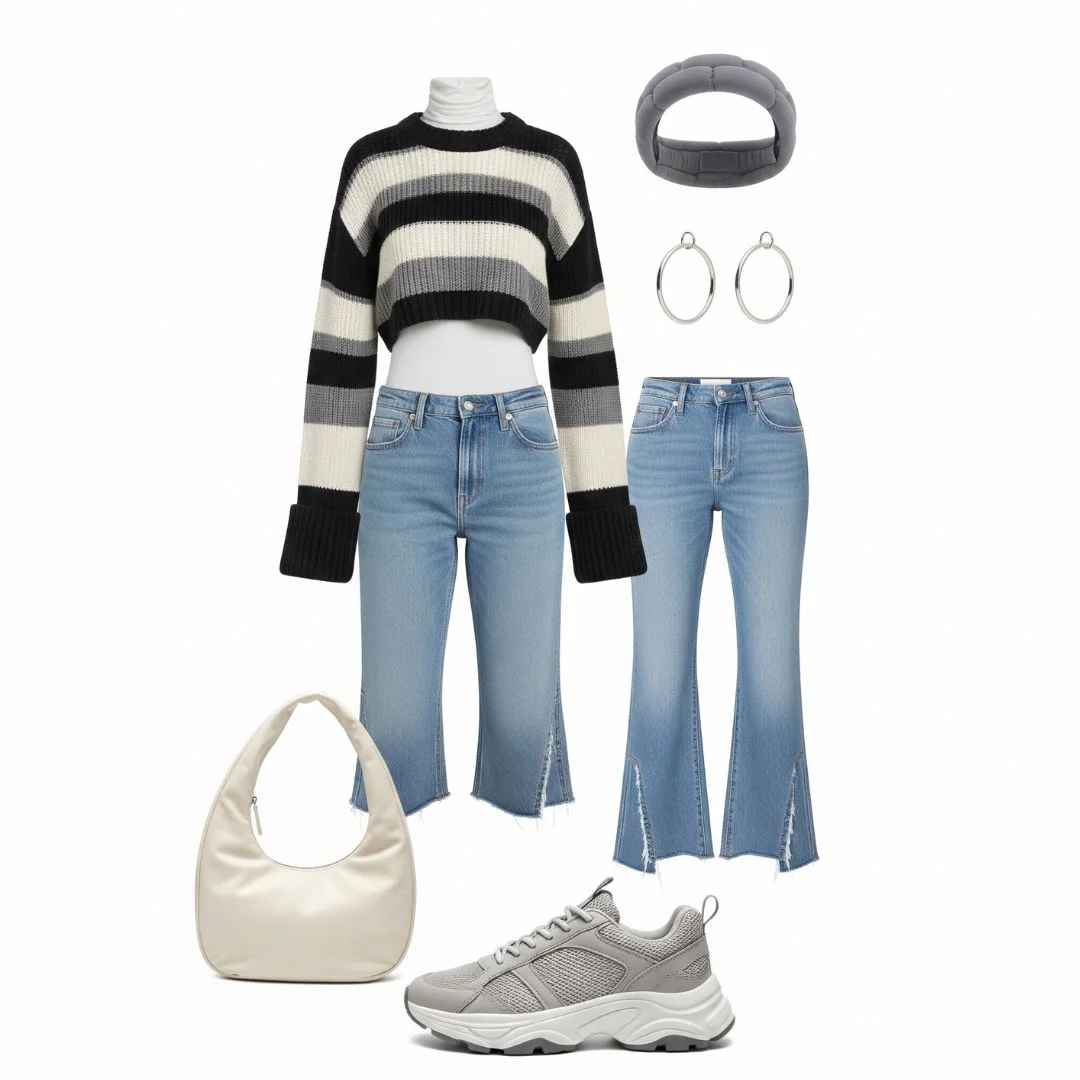striped cropped sweater over undershirt with light-wash low-rise jeans