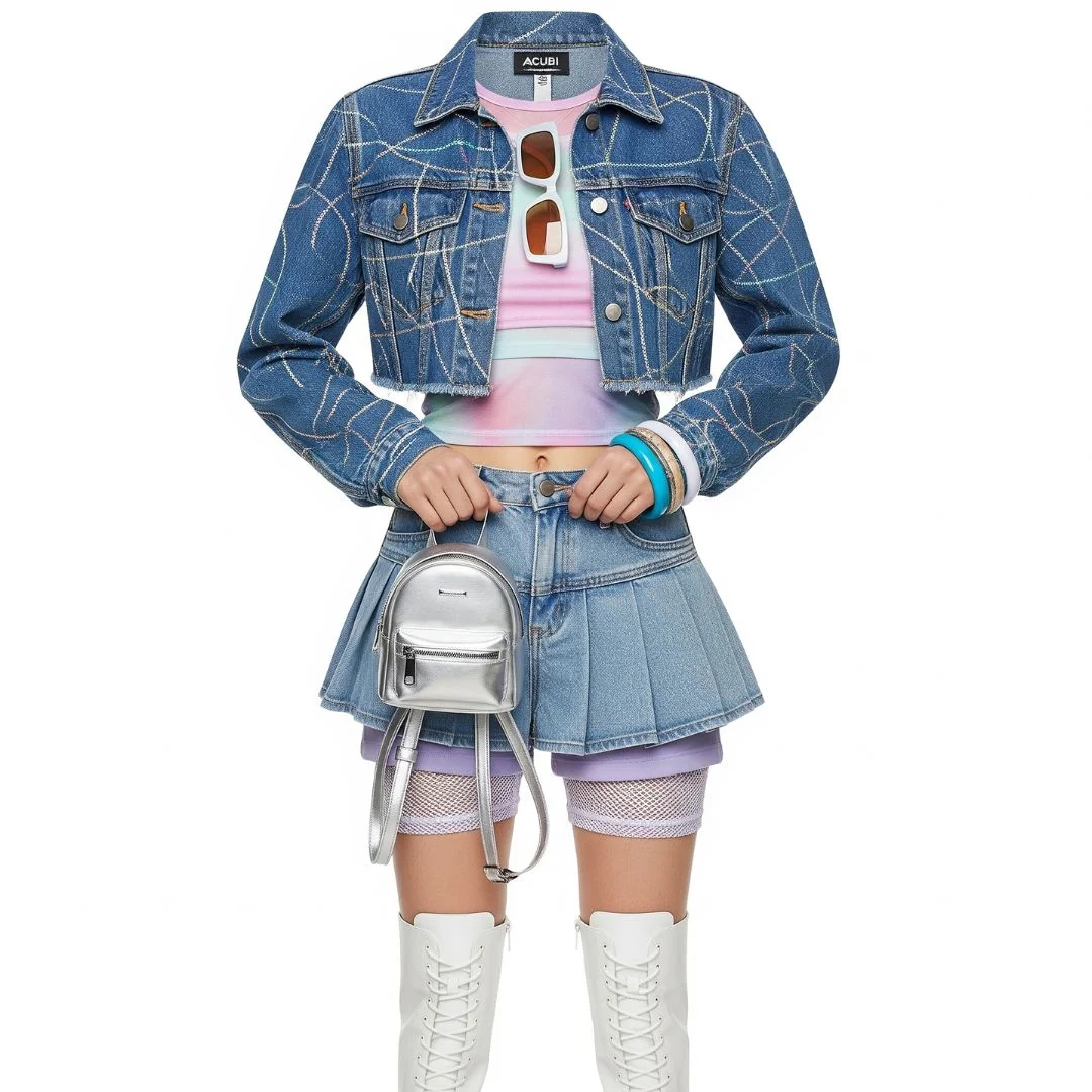 Y2K and cyber fairy grunge Acubi denim outfit with mesh layers and holographic accents