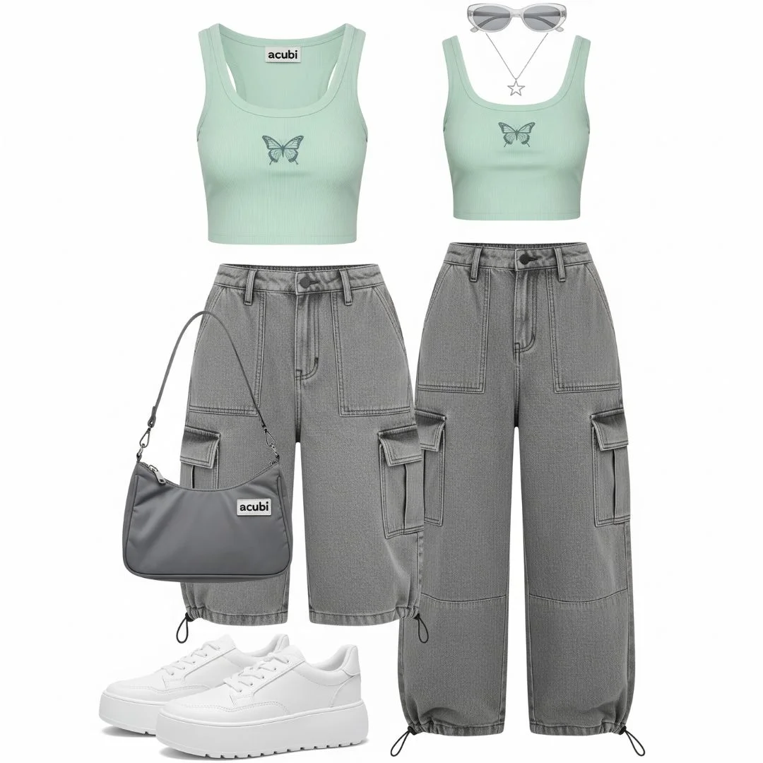 pastel Y2K graphic tank with oversized gray cargo pants and platform sneakers